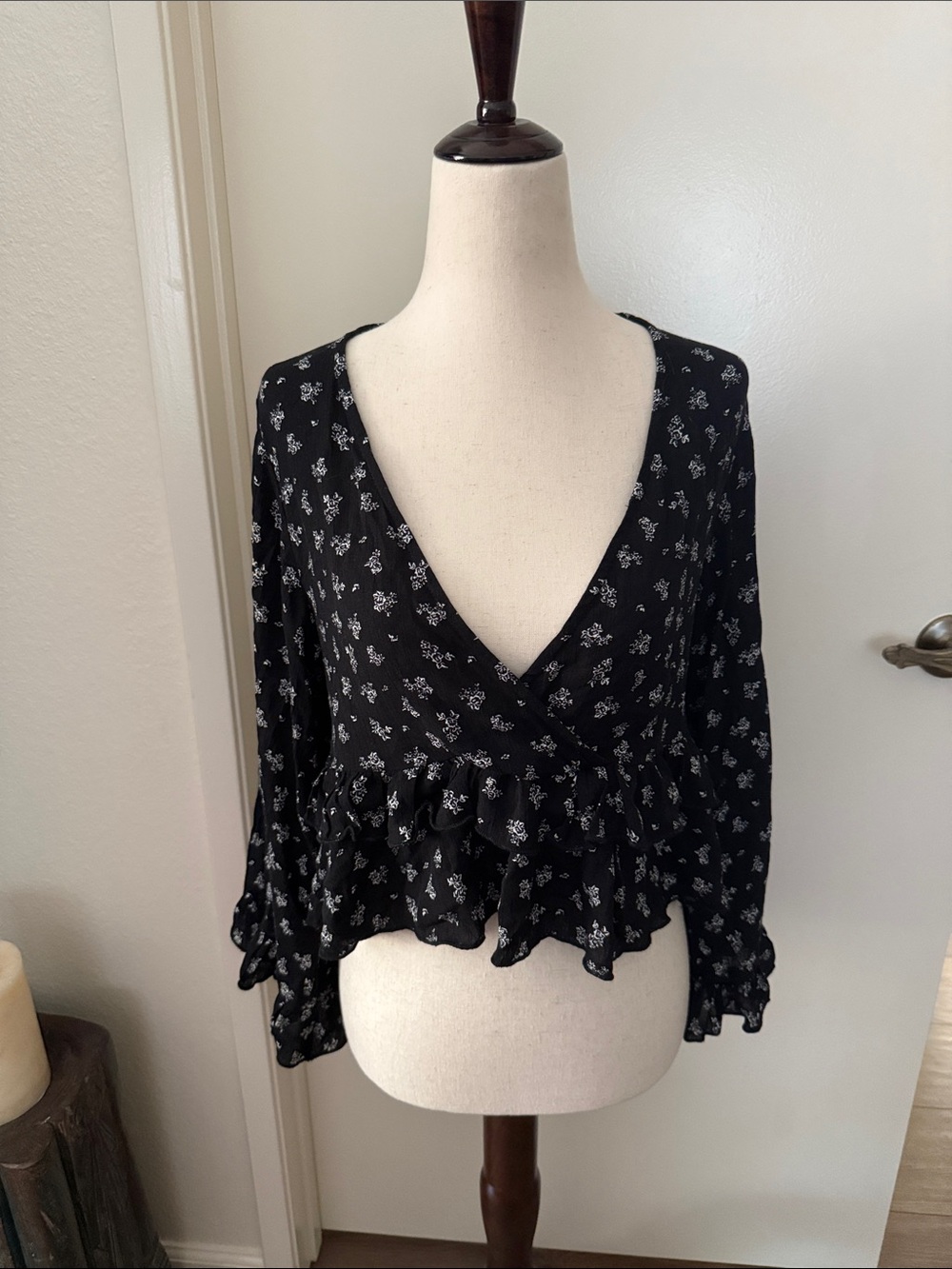 Black Floral Wrap Peplum Blouse